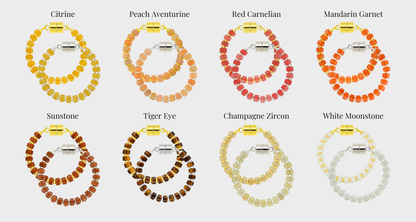 Heirloom wine charm set showing each color name: Citrine, Peach Aventurine, Red Carnelian, Mandarin Garnet, Sunstone, Tiger Eye, Champagne Zircon and White Moonstone