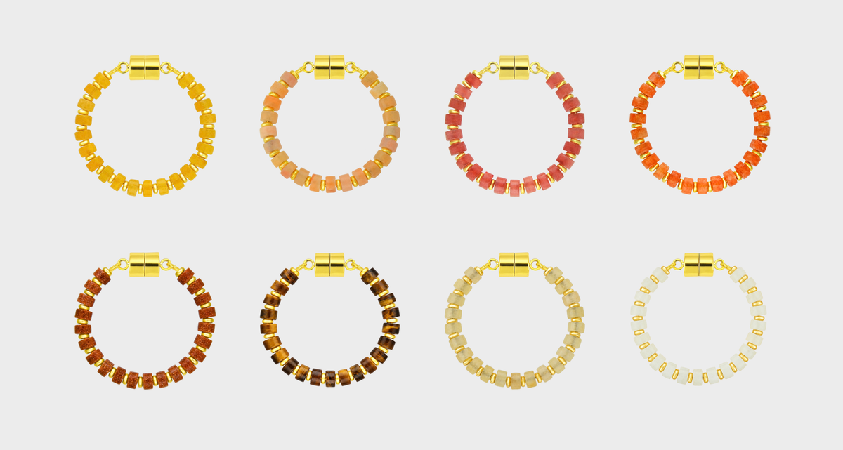 Heirloom set of 8 magnetic wine charms in Citrine, Peach Aventurine, Red Carnelian, Mandarin Garnet, Sunstone, Tiger Eye, Champagne Zircon and White Moonstone with gold hardware