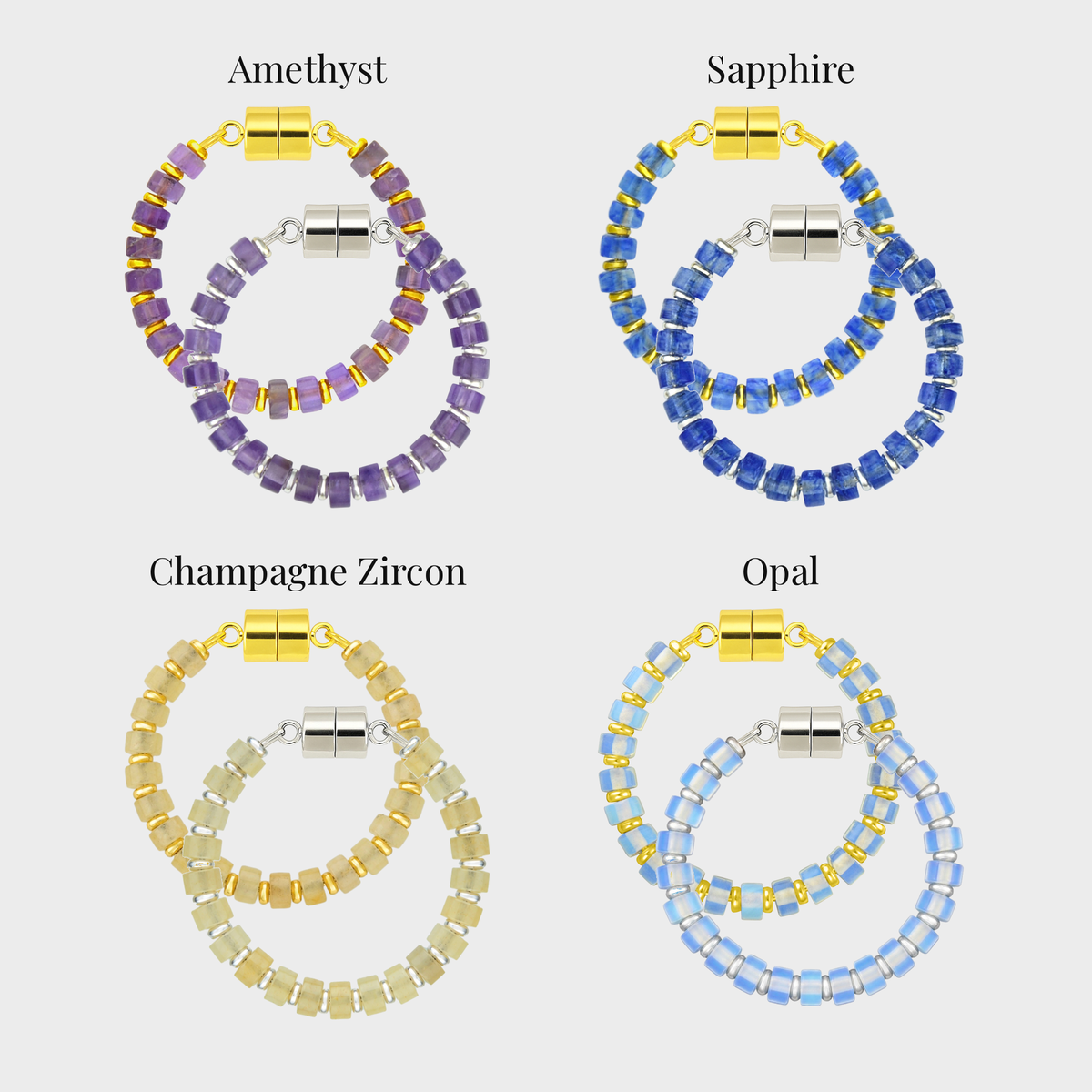 Her Majesty wine charm set showing each color name: Amethyst, Sapphire, Champagne Zircon and Opal
