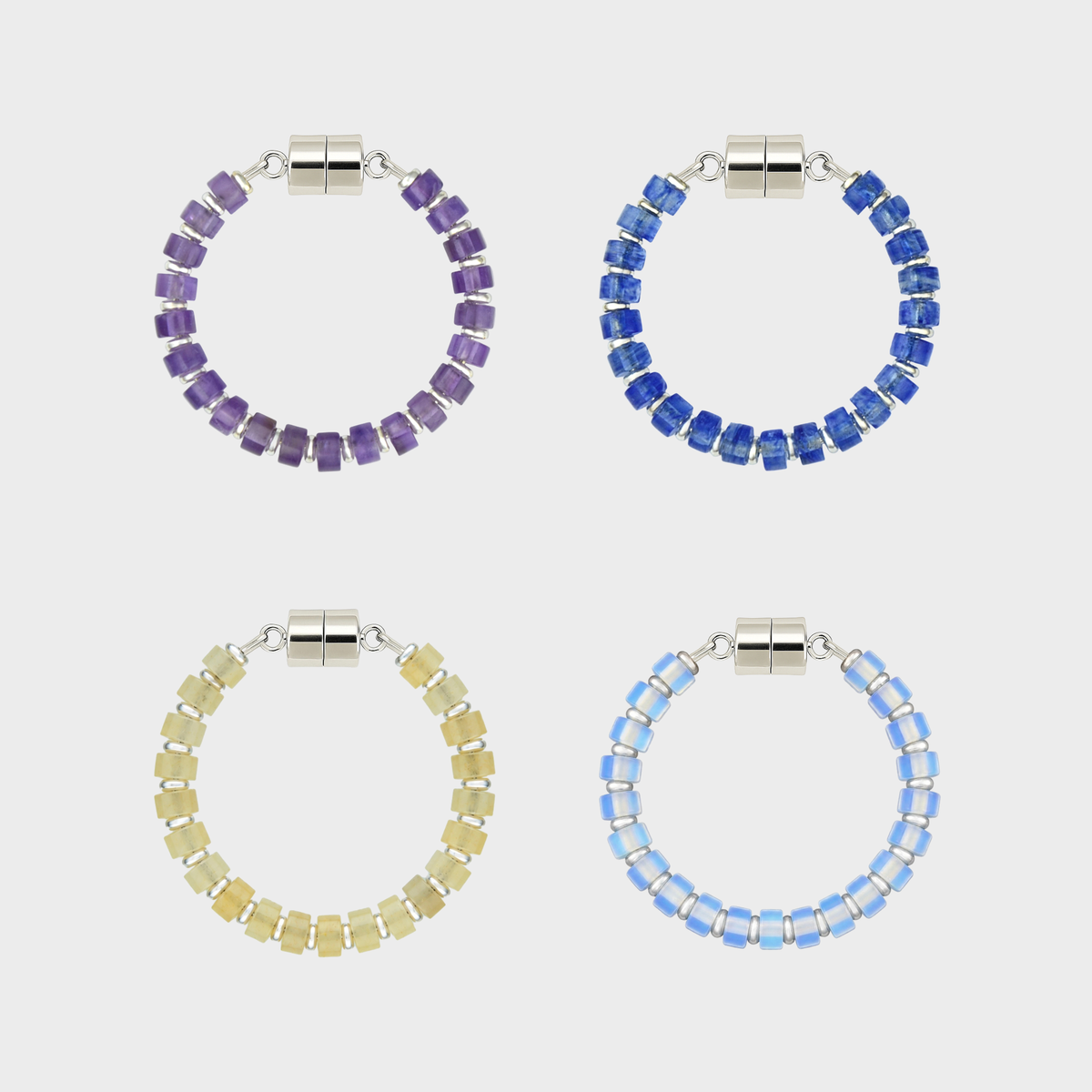 Her Majesty set of 4 magnetic wine charms in Amethyst, Sapphire, Champagne Zircon and Opal with silver hardware
