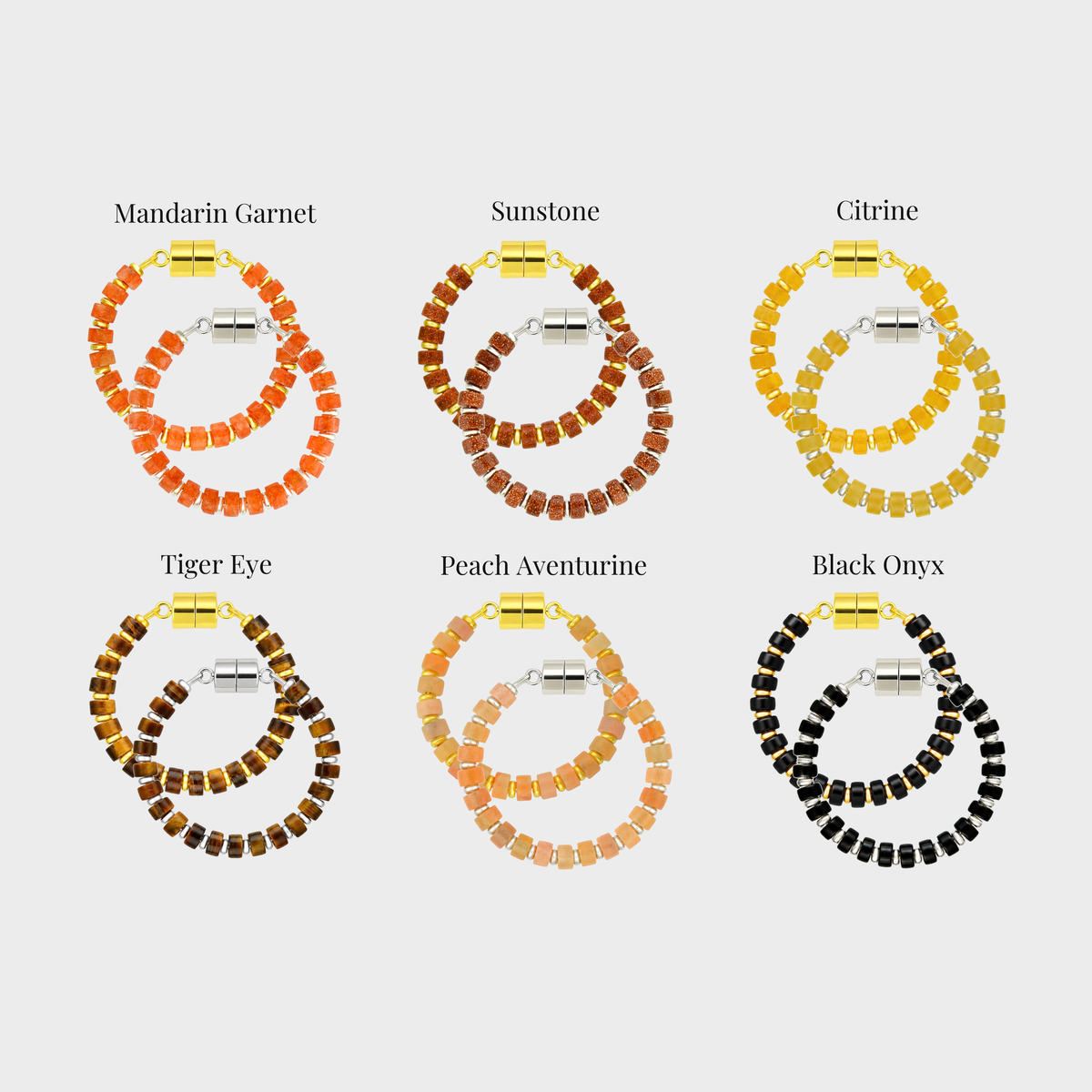 Jack-o'-Lantern wine charm set showing each color name: Mandarin Garnet, Sunstone, Citrine, Tiger Eye, Peach Aventurine and Black Onyx