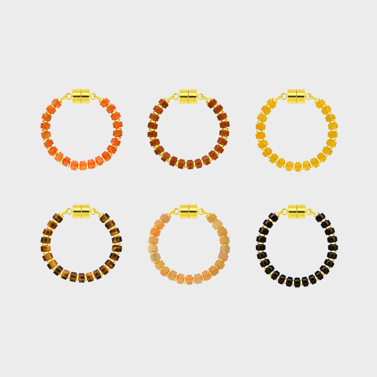 Jack-o'-Lantern set of 6 magnetic wine charms in Mandarin Garnet, Sunstone, Citrine, Tiger Eye, Peach Aventurine and Black Onyx with gold hardware