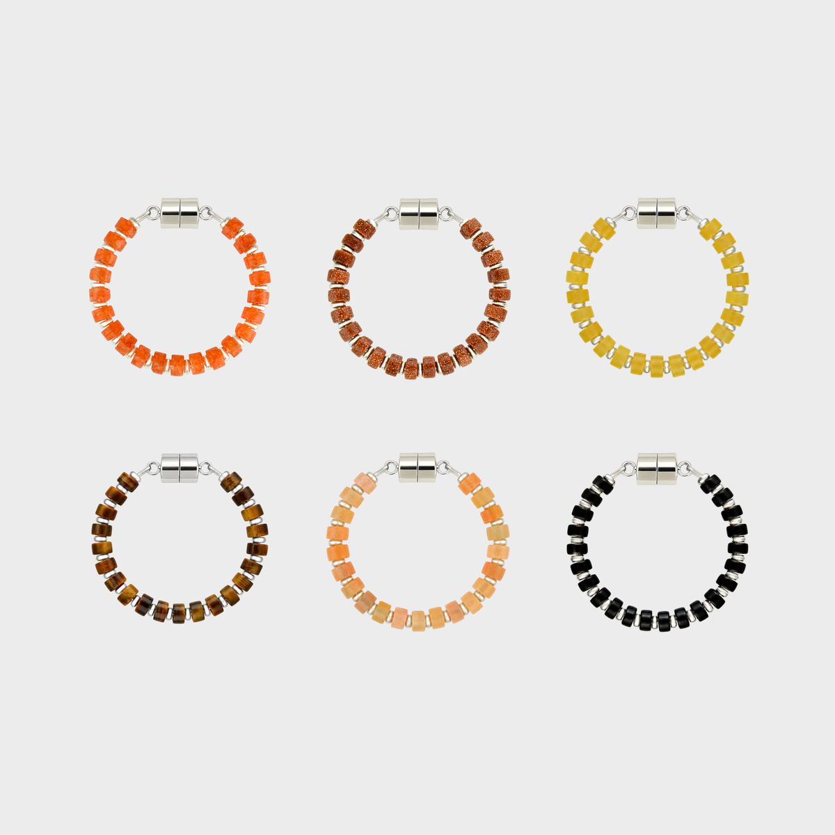 Jack-o'-Lantern set of 6 magnetic wine charms in Mandarin Garnet, Sunstone, Citrine, Tiger Eye, Peach Aventurine and Black Onyx with silver hardware