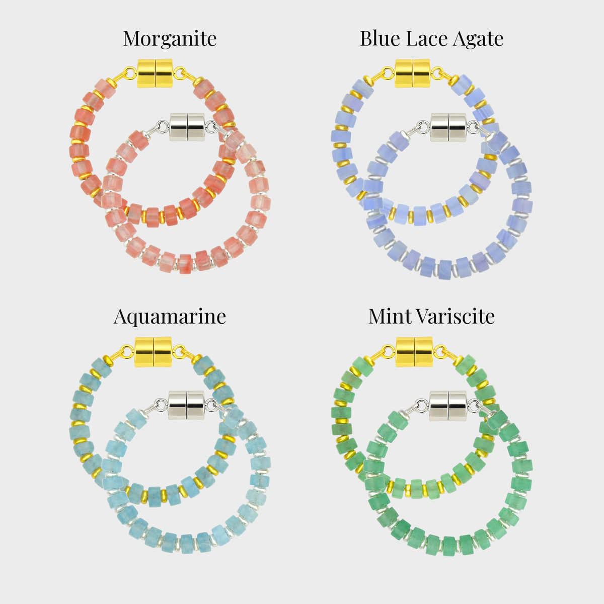 Macaron set of 4 magnetic wine charms in gold and silver showing each color name: Morganite, Blue Lace Agate, Aquamarine and Mint Variscite