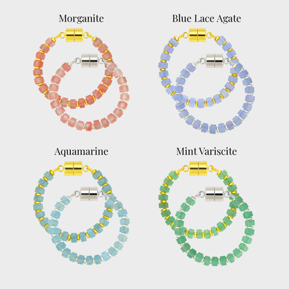Macaron set of 4 magnetic wine charms in gold and silver showing each color name: Morganite, Blue Lace Agate, Aquamarine and Mint Variscite