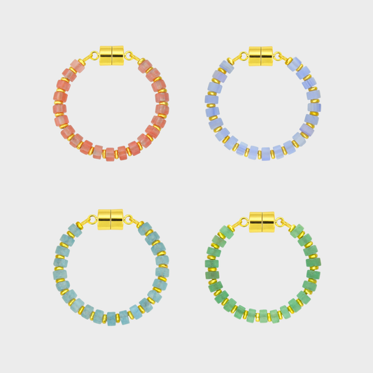 Macaron set of 4 magnetic wine charms in Morganite, Blue Lace Agate, Aquamarine and Mint Variscite with gold hardware