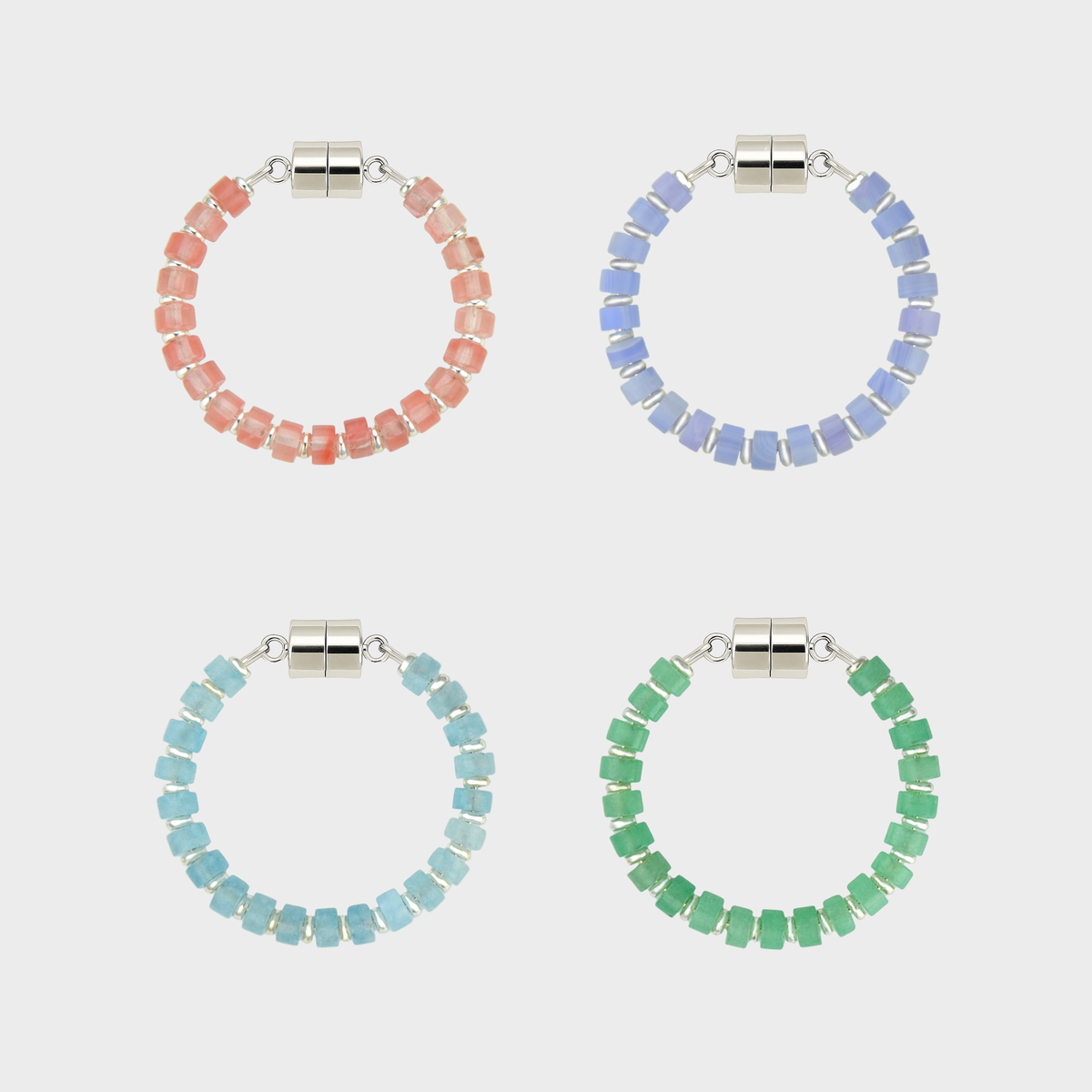 Macaron set of 4 magnetic wine charms in Morganite, Blue Lace Agate, Aquamarine and Mint Variscite with silver hardware