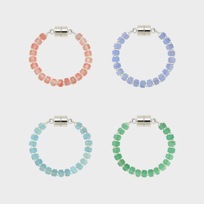 Macaron set of 4 magnetic wine charms in Morganite, Blue Lace Agate, Aquamarine and Mint Variscite with silver hardware