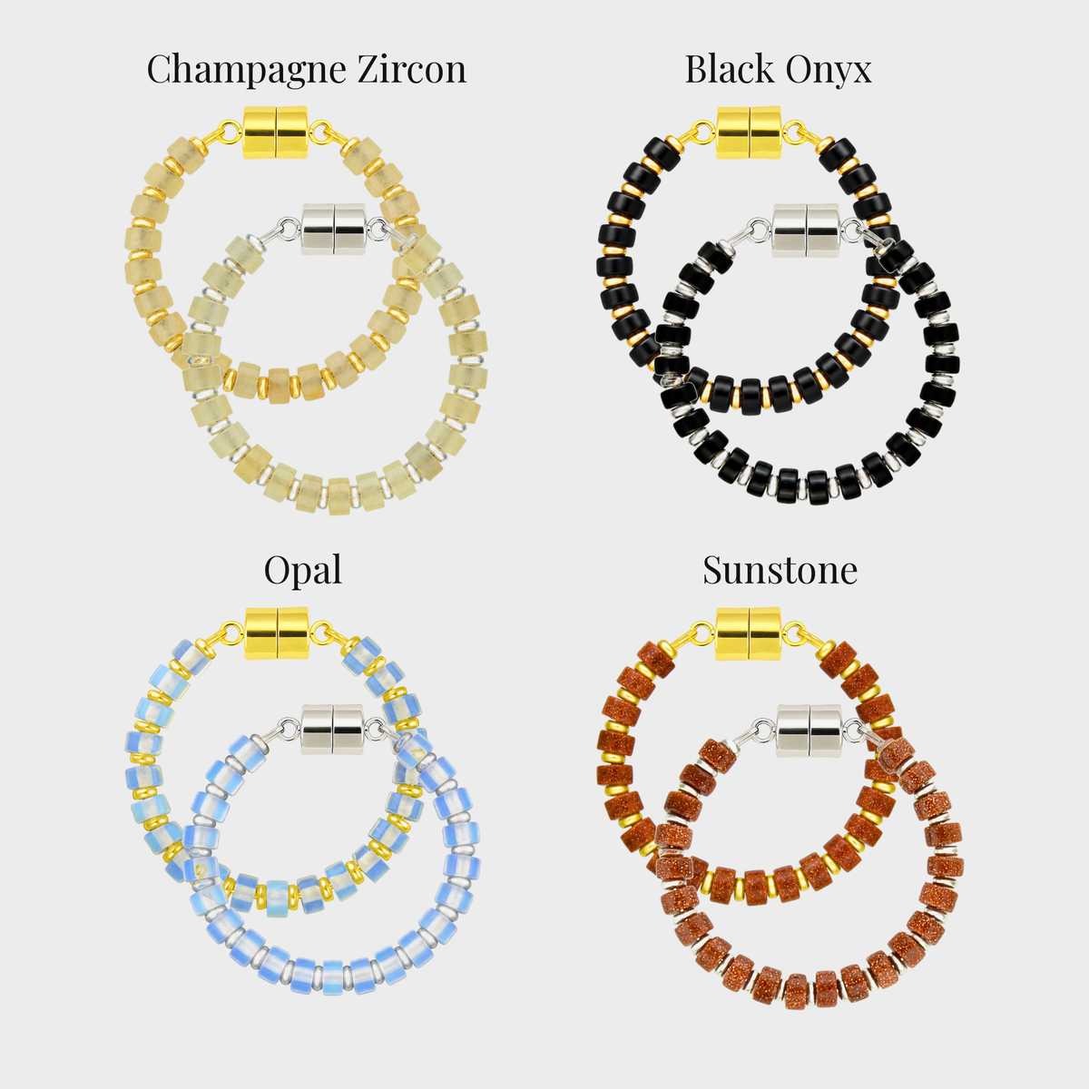 Midnight Toast set of 4 magnetic wine charms in gold and silver showing each color name: Champagne Zircon, Black Onyx, Opal and Sunstone