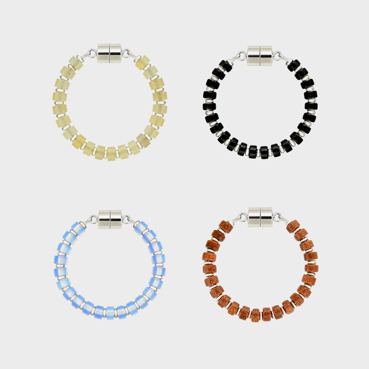 Midnight Toast set of 4 magnetic wine charms in Champagne Zircon, Black Onyx, Opal and Sunstone with silver hardware