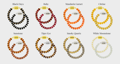 Nightfall wine charm set showing each color name: Black Onyx, Ruby, Mandarin Garnet, Citrine, Sunstone, Tiger Eye, Smoky Quartz and White Moonstone