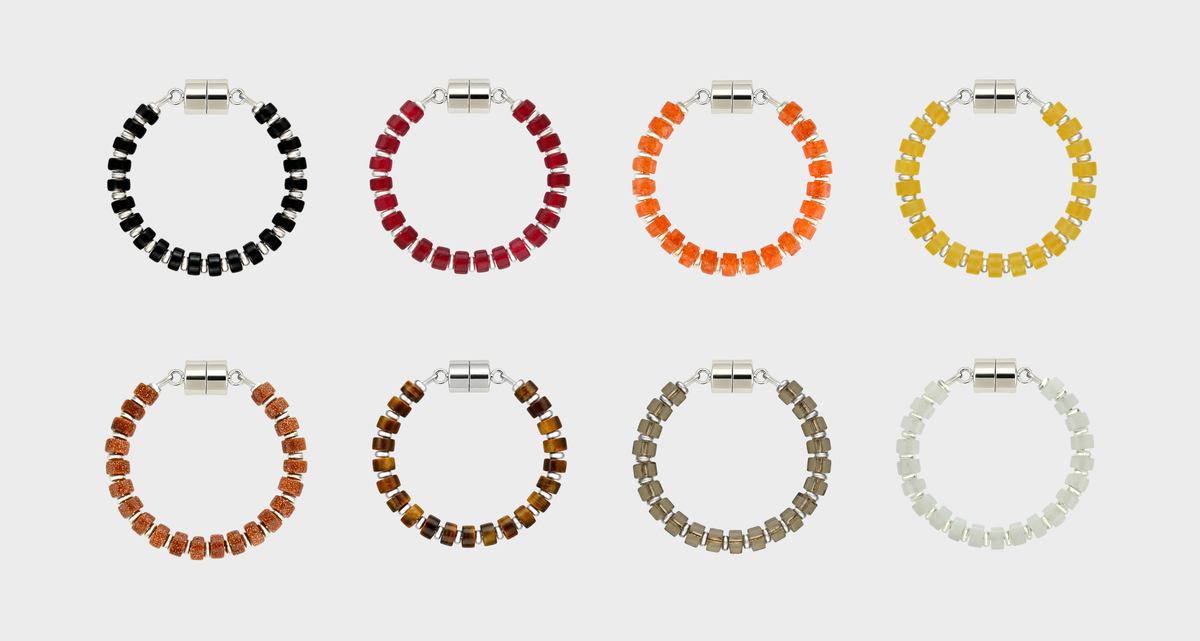 Nightfall set of 8 magnetic wine charms in Black Onyx, Ruby, Mandarin Garnet, Citrine, Sunstone, Tiger Eye, Smoky Quartz and White Moonstone with silver hardware