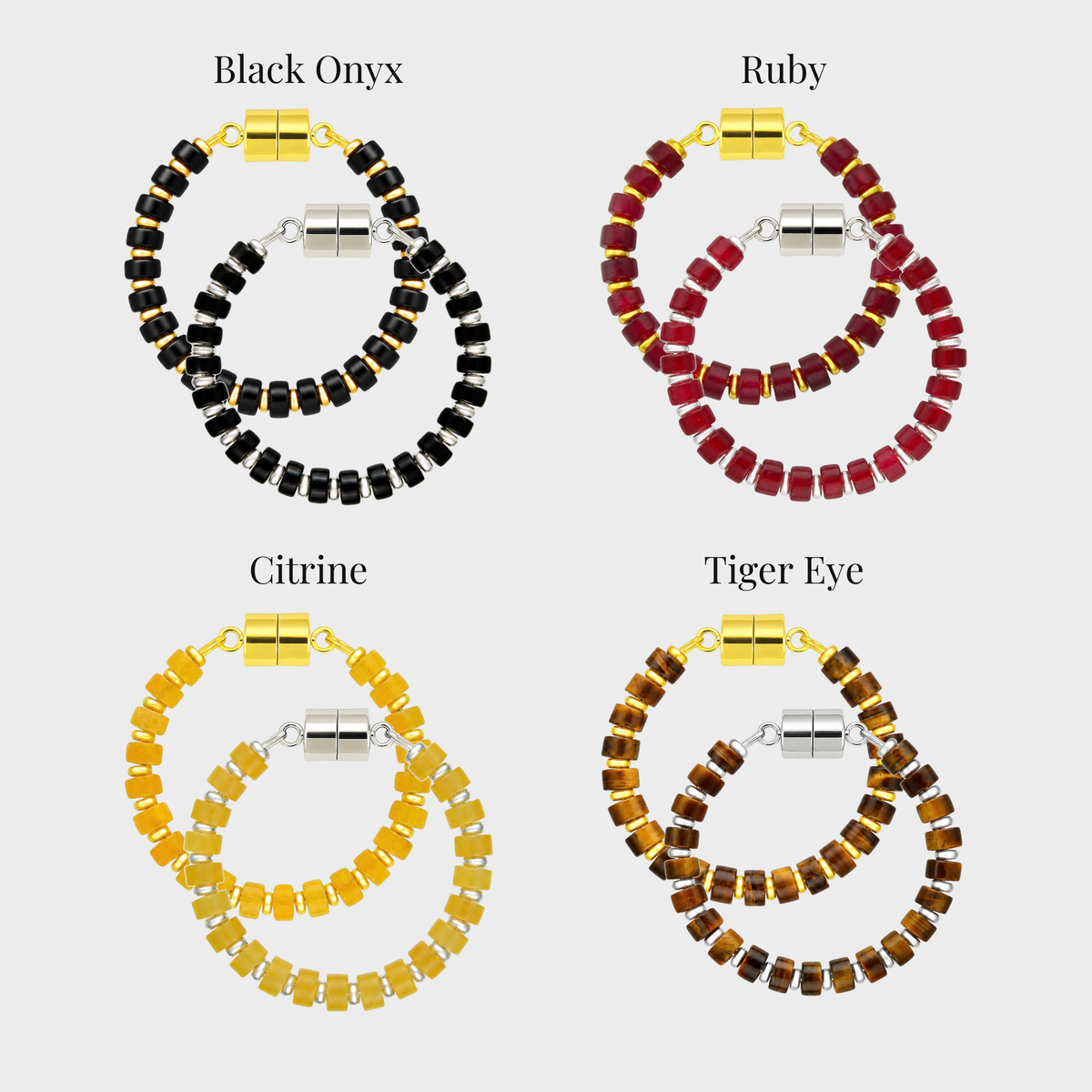 Nocturne wine charm set showing each color name: Black Onyx, Ruby, Citrine and Tiger Eye