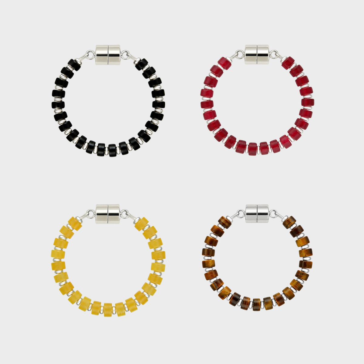 Nocturne set of 4 magnetic wine charms in Black Onyx, Ruby, Citrine and Tiger Eye with silver hardware