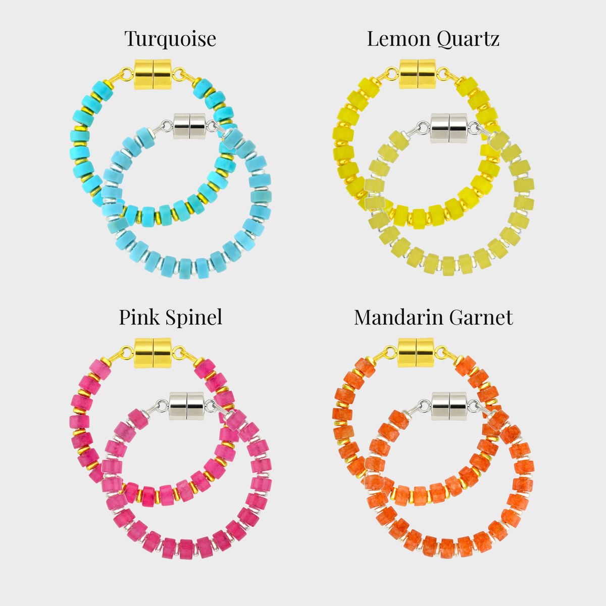 Poolside set of 4 magnetic wine charms in gold and silver showing each color name: Turquoise, Lemon Quartz, Pink Spinel and Mandarin Garnet