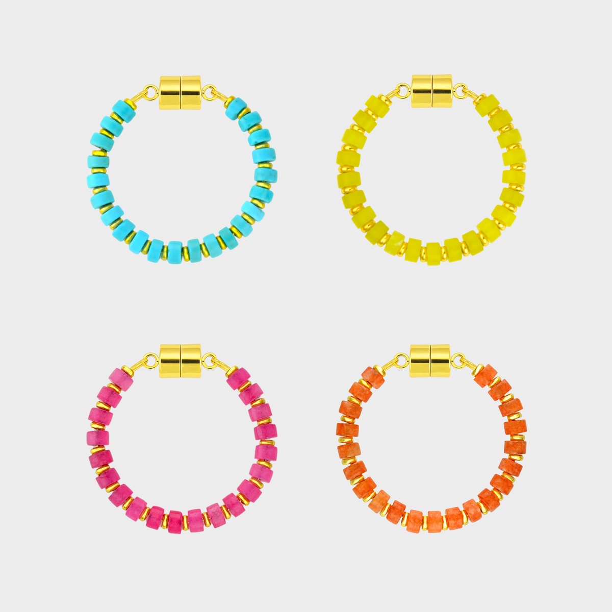 Poolside set of 4 magnetic wine charms in Turquoise, Lemon Quartz, Pink Spinel and Mandarin Garnet with gold hardware