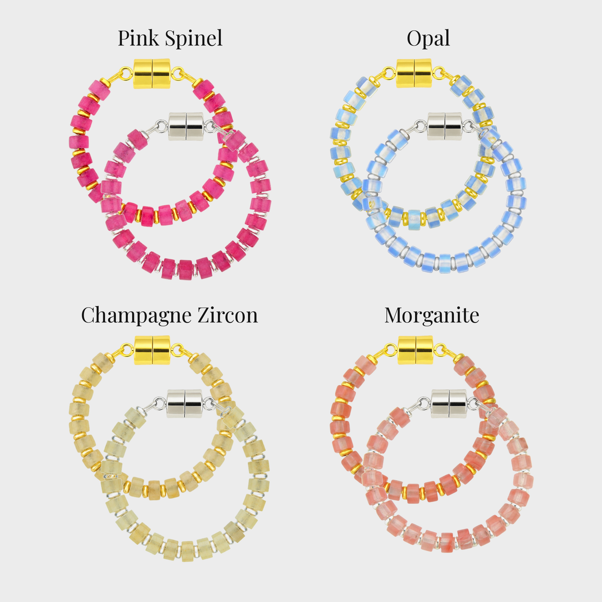 Pop, Fizz, I Do set of 4 magnetic wine charms in gold and silver showing each color name: Pink Spinel, Opal, Champagne Zircon and Morganite