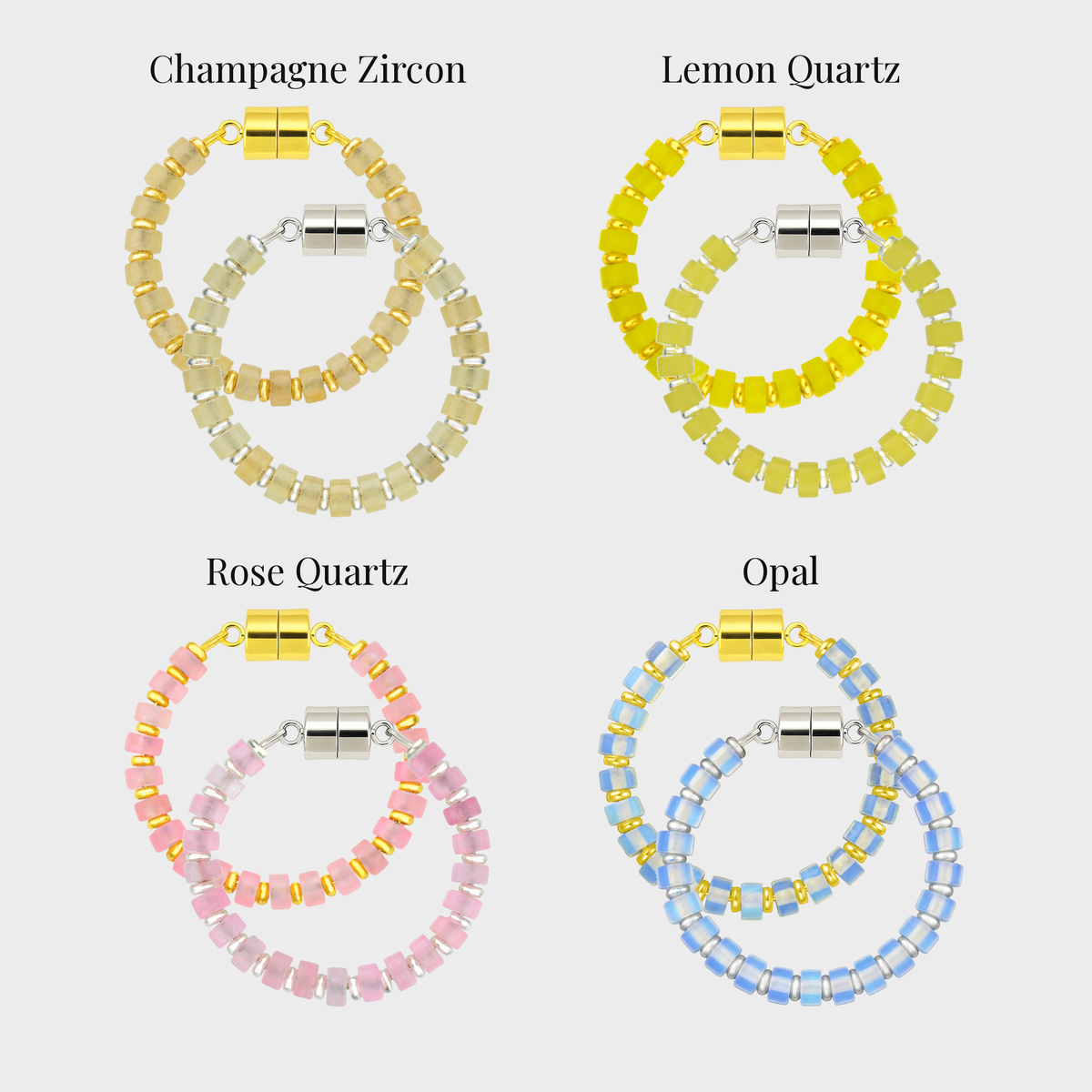 Pop the Bubbly set of 4 magnetic wine charms in gold and silver showing each color name: Champagne Zircon, Lemon Quartz, Rose Quartz and Opal