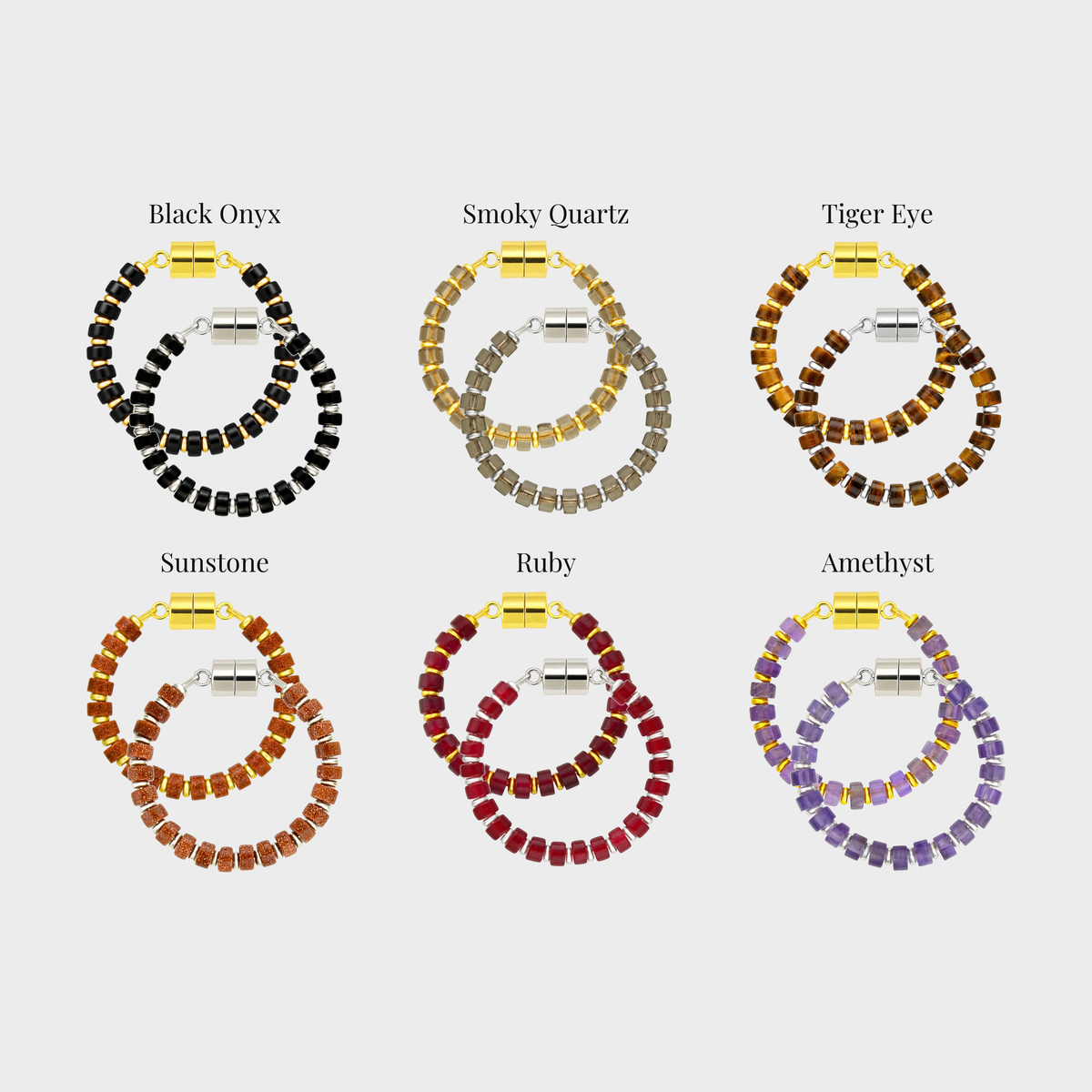 Ravenwood wine charm set showing each color name: Black Onyx, Smoky Quartz, Tiger Eye, Sunstone, Ruby and Amethyst
