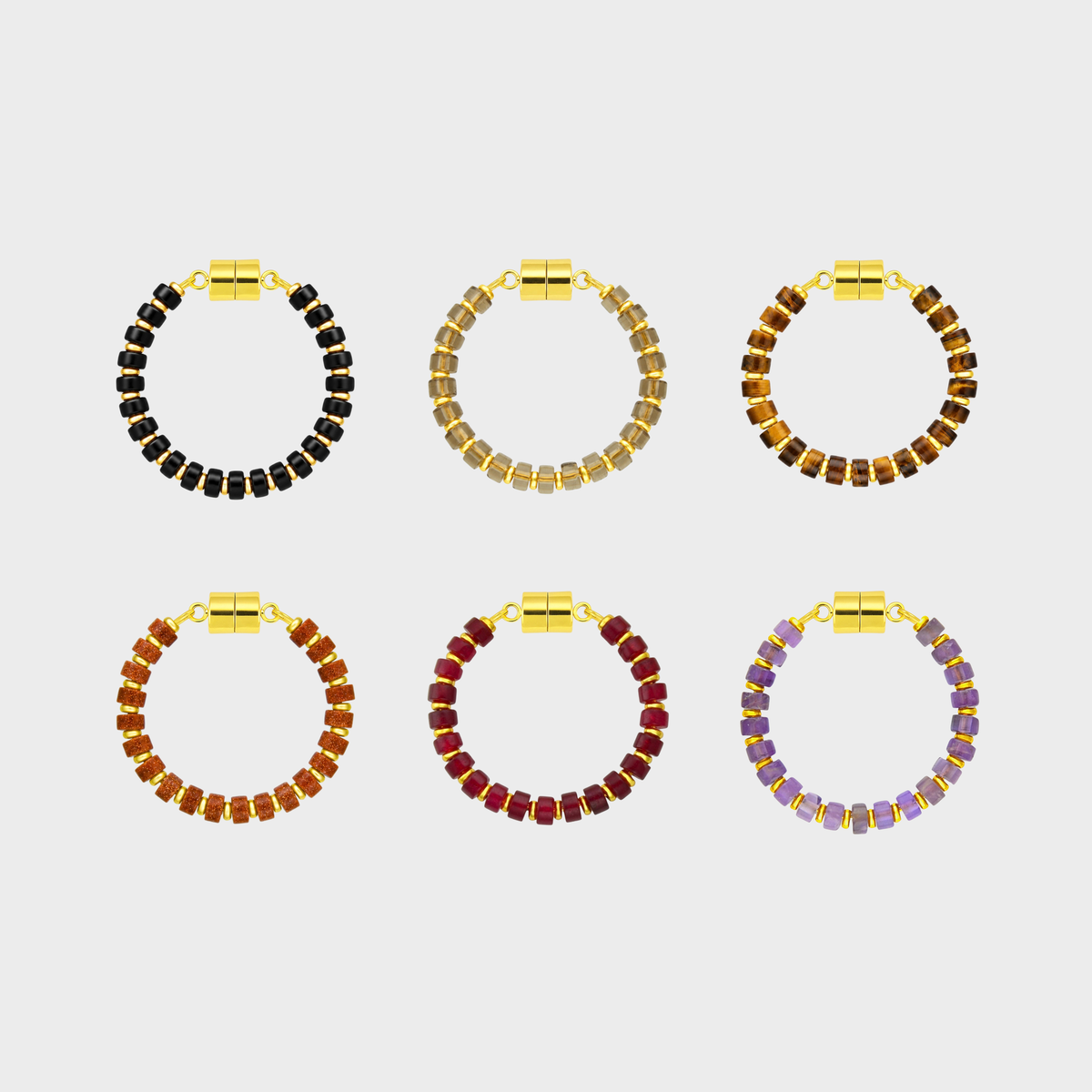Ravenwood set of 6 magnetic wine charms in Black Onyx, Smoky Quartz, Tiger Eye, Sunstone, Ruby and Amethyst with gold hardware
