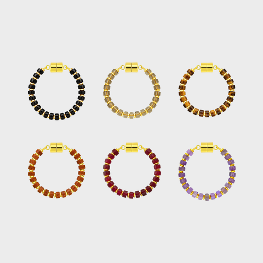 Ravenwood set of 6 magnetic wine charms in Black Onyx, Smoky Quartz, Tiger Eye, Sunstone, Ruby and Amethyst with gold hardware