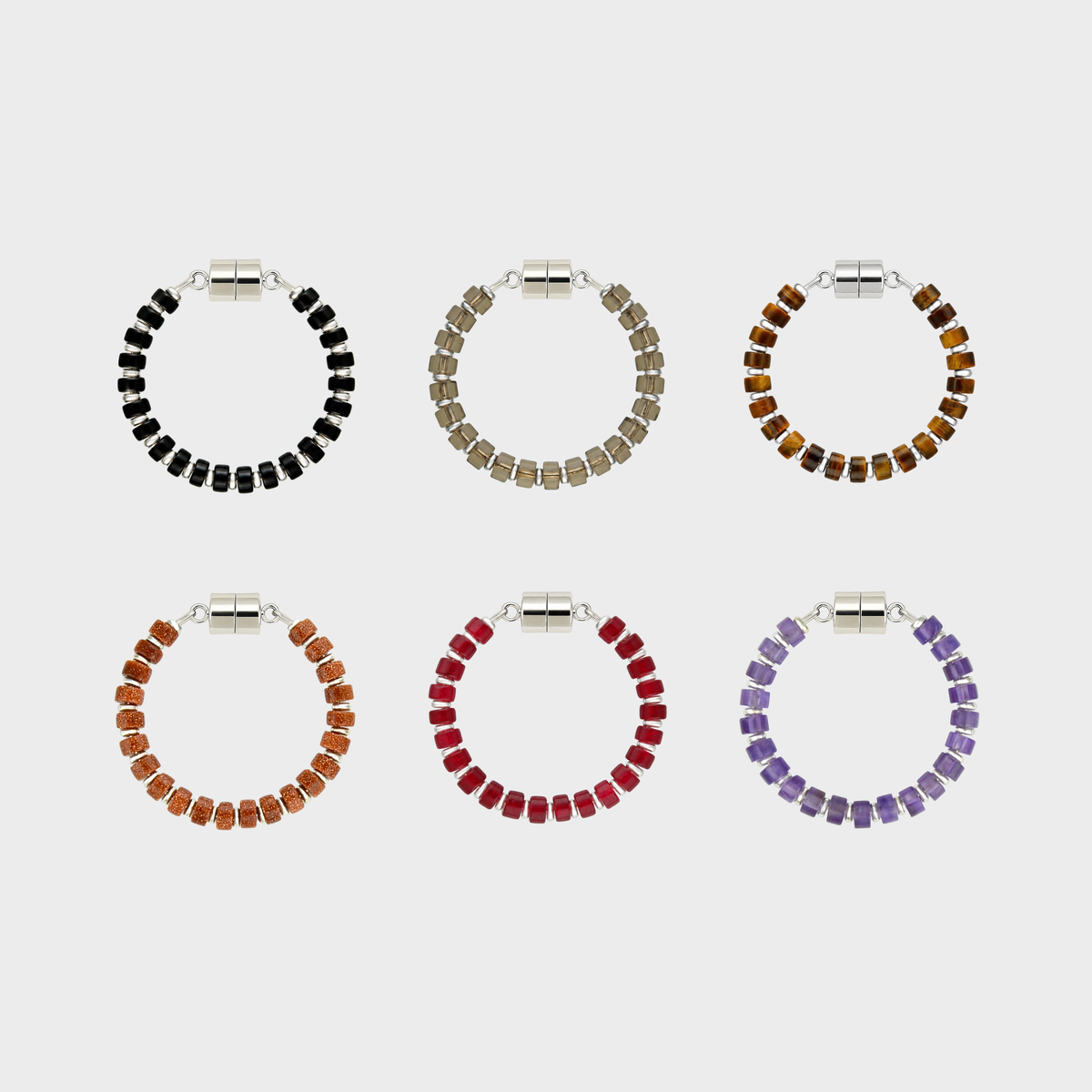 Ravenwood set of 6 magnetic wine charms in Black Onyx, Smoky Quartz, Tiger Eye, Sunstone, Ruby and Amethyst with silver hardware