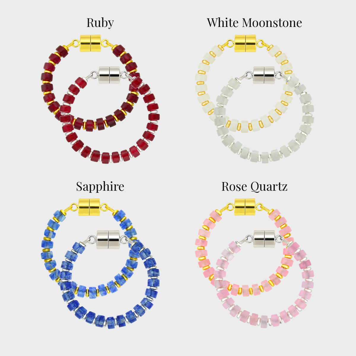 Red, White & Rosé set of 4 magnetic wine charms in gold and silver showing each color name: Ruby, White Moonstone, Sapphire and Rose Quartz