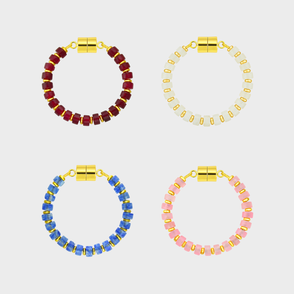 Red, White & Rosé set of 4 magnetic wine charms in Ruby, White Moonstone, Sapphire and Rose Quartz with gold hardware