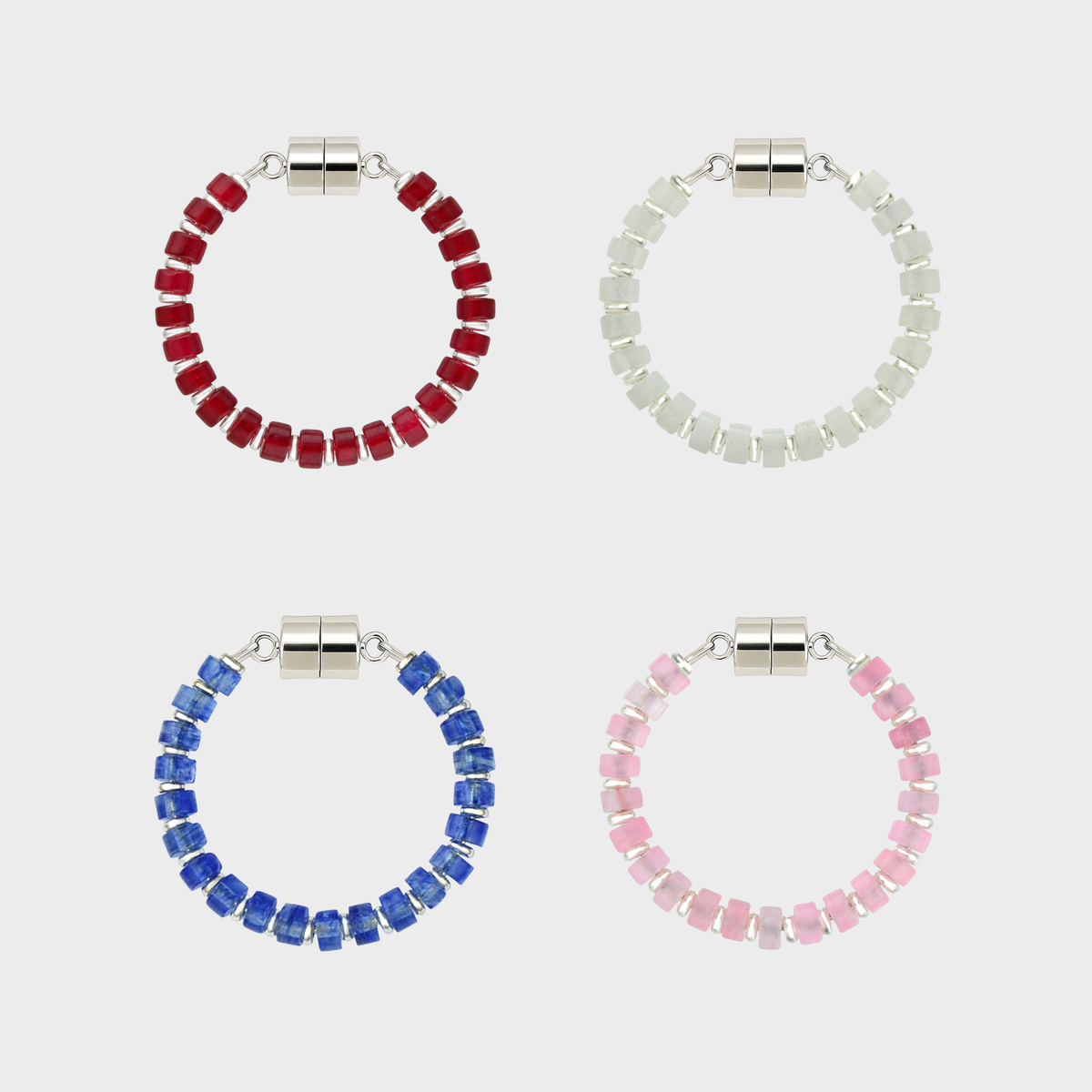 Red, White & Rosé set of 4 magnetic wine charms in Ruby, White Moonstone, Sapphire and Rose Quartz with silver hardware