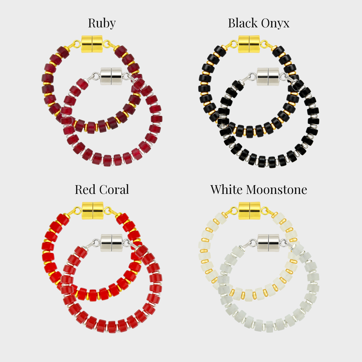 Red & Black wine charm set showing each color name: Ruby, Black Onyx, Red Coral and White Moonstone