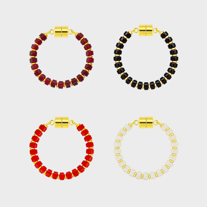 Red & Black set of 4 magnetic wine charms in Ruby, Black Onyx, Red Coral and White Moonstone with gold hardware
