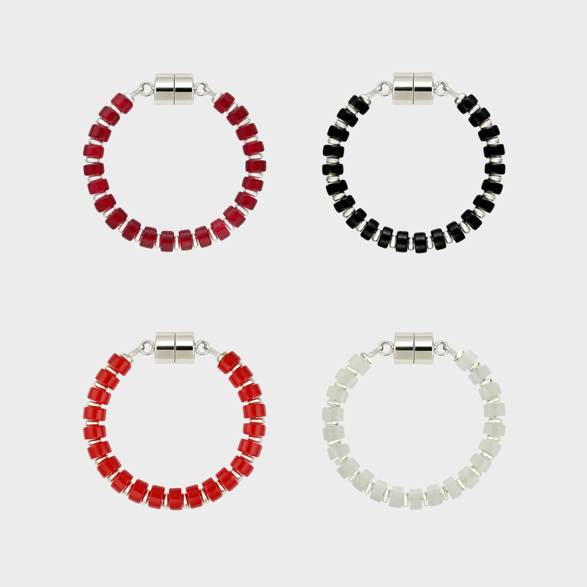 Red & Black set of 4 magnetic wine charms in Ruby, Black Onyx, Red Coral and White Moonstone with silver hardware