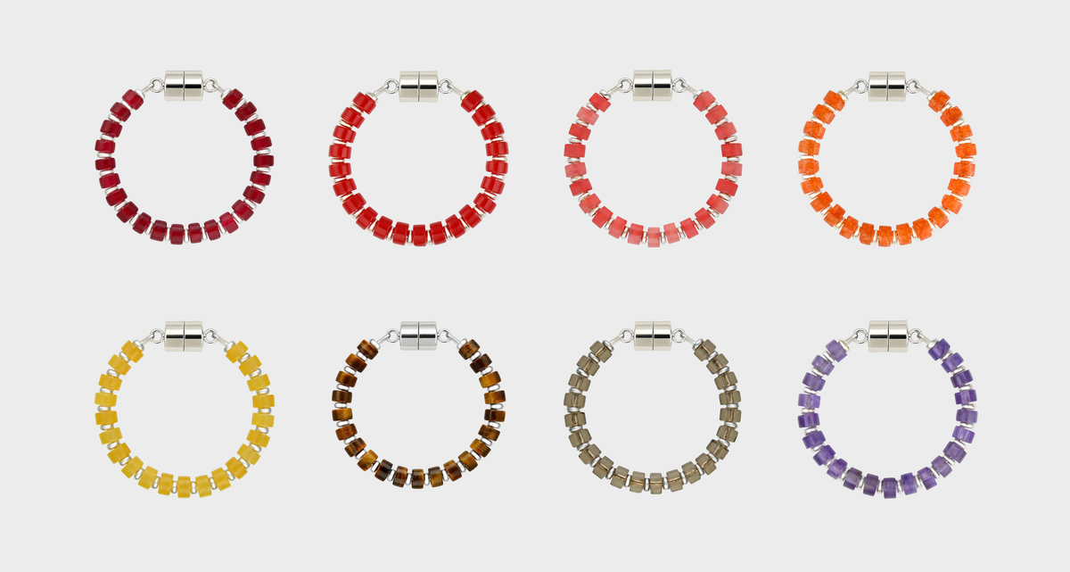 Reserve set of 8 magnetic wine charms in Ruby, Red Coral, Red Carnelian, Mandarin Garnet, Citrine, Tiger Eye, Smoky Quartz and Amethyst with silver hardware