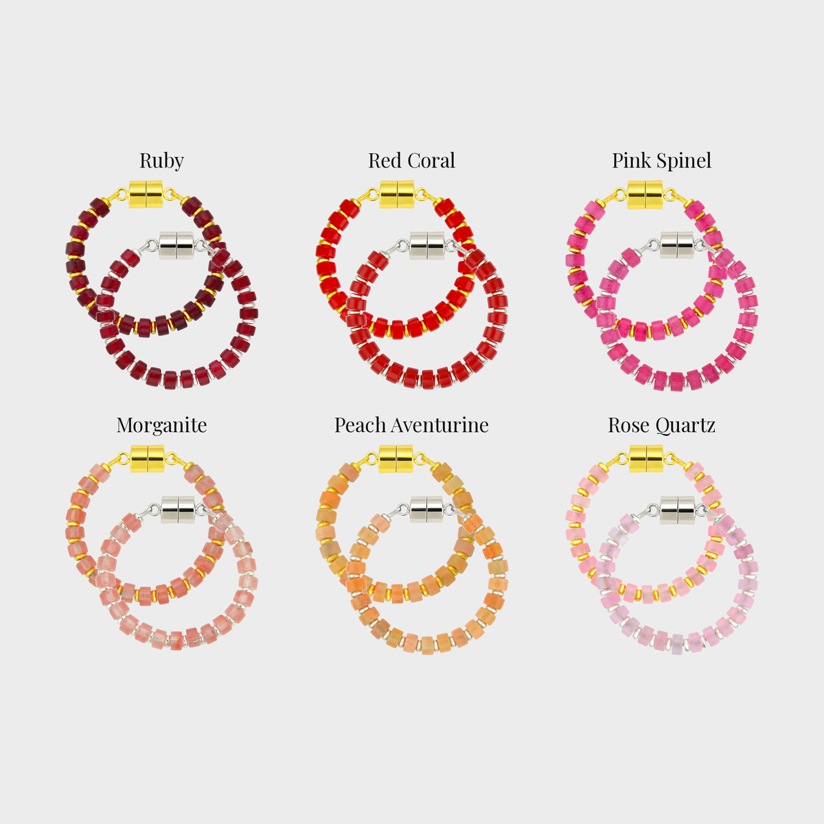 Rosé Ombré wine charm set showing each color name: Ruby, Red Coral, Pink Spinel, Morganite, Peach Aventurine and Rose Quartz
