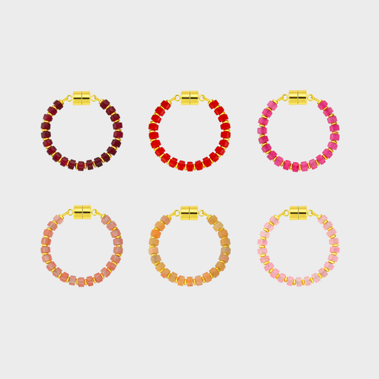 Rosé Ombré set of 6 magnetic wine charms in Ruby, Red Coral, Pink Spinel, Morganite, Peach Aventurine and Rose Quartz with gold hardware