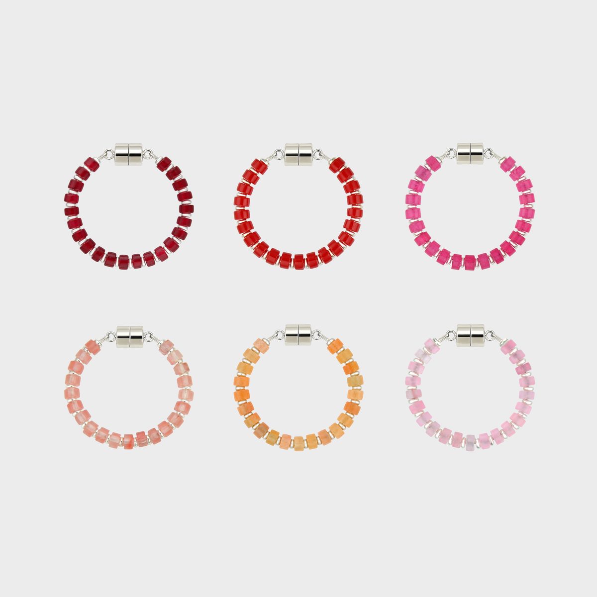Rosé Ombré set of 6 magnetic wine charms in Ruby, Red Coral, Pink Spinel, Morganite, Peach Aventurine and Rose Quartz with silver hardware