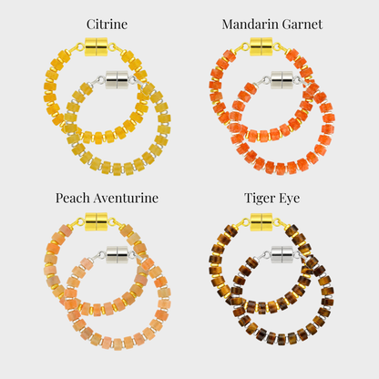 Saffron wine charm set showing each color name: Citrine, Mandarin Garnet, Peach Aventurine and Tiger Eye