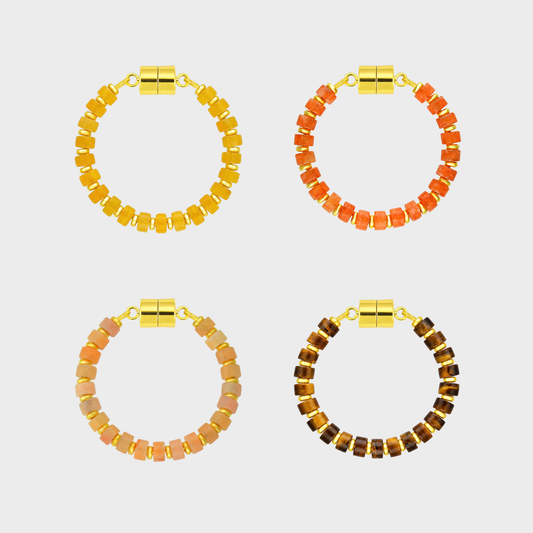 Saffron set of 4 magnetic wine charms in Citrine, Mandarin Garnet, Peach Aventurine and Tiger Eye with gold hardware