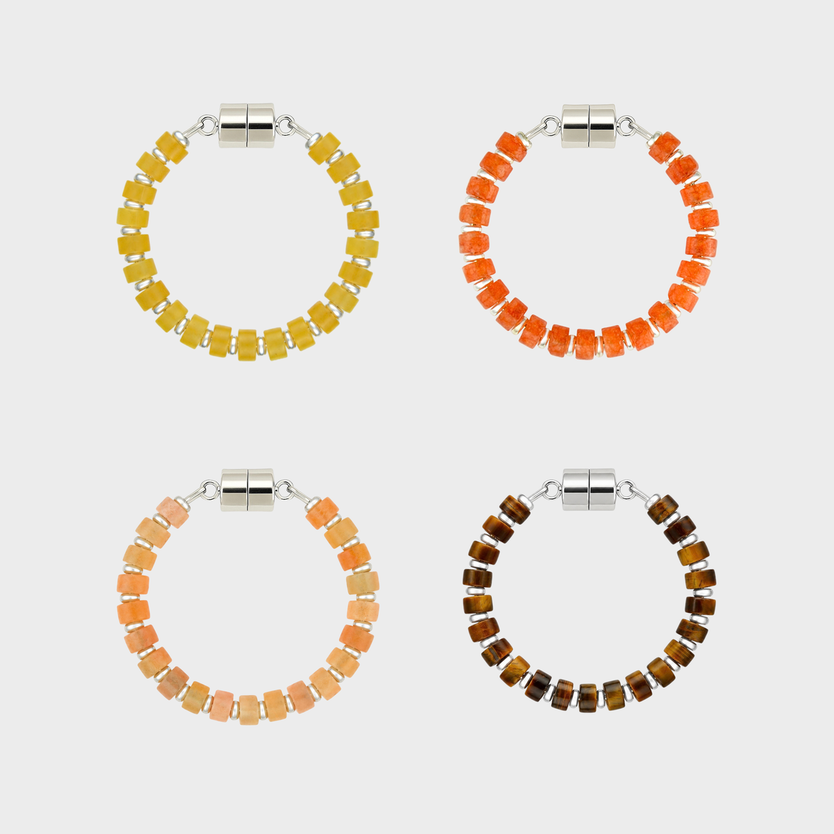 Saffron set of 4 magnetic wine charms in Citrine, Mandarin Garnet, Peach Aventurine and Tiger Eye with silver hardware