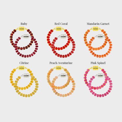 Sangria Sunset set of 6 magnetic wine charms in gold and silver showing each color name: Ruby, Red Coral, Mandarin Garnet, Citrine, Peach Aventurine and Pink Spinel