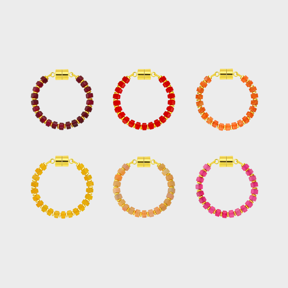 Sangria Sunset set of 6 magnetic wine charms in Ruby, Red Coral, Mandarin Garnet, Citrine, Peach Aventurine and Pink Spinel with gold hardware