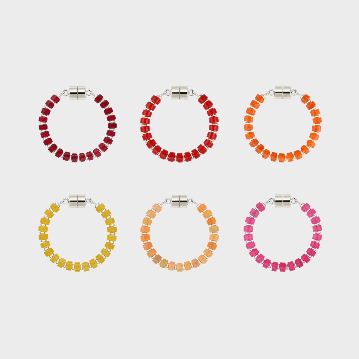 Sangria Sunset set of 6 magnetic wine charms in Ruby, Red Coral, Mandarin Garnet, Citrine, Peach Aventurine and Pink Spinel with silver hardware