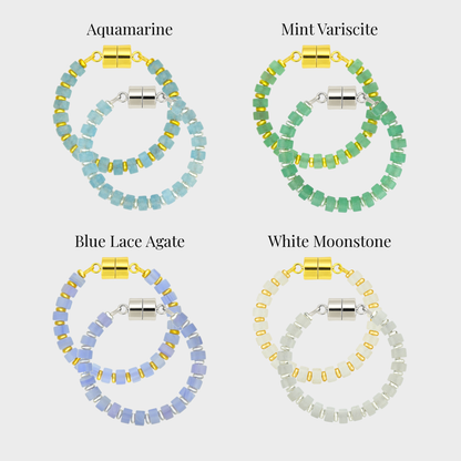 Sea Glass set of 4 magnetic wine charms in gold and silver showing each color name: Aquamarine, Mint Variscite, Blue Lace Agate and White Moonstone