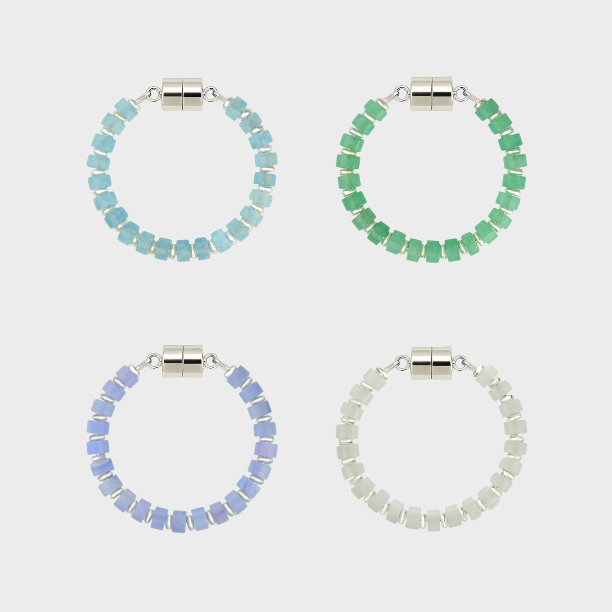 Sea Glass set of 4 magnetic wine charms in Aquamarine, Mint Variscite, Blue Lace Agate and White Moonstone with silver hardware