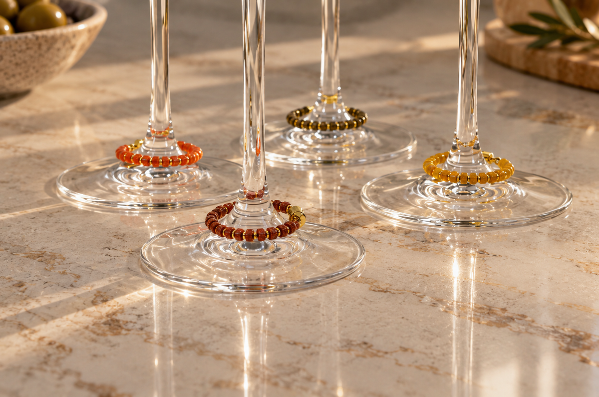 Colorful magnetic wine charms arranged on wine glass stems