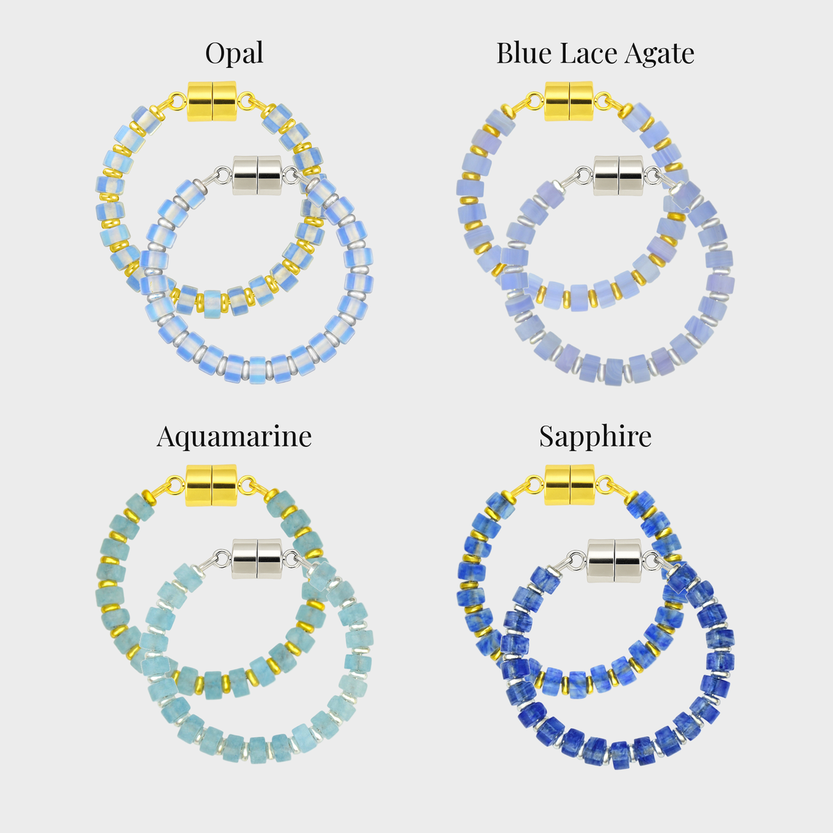 Snow Day set of 4 magnetic wine charms in gold and silver showing each color name: Opal, Blue Lace Agate, Aquamarine and Sapphire