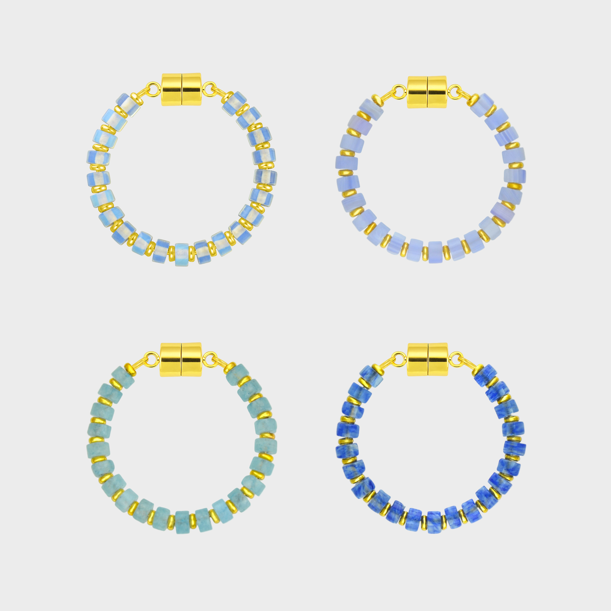 Snow Day set of 4 magnetic wine charms in Opal, Blue Lace Agate, Aquamarine and Sapphire with gold hardware