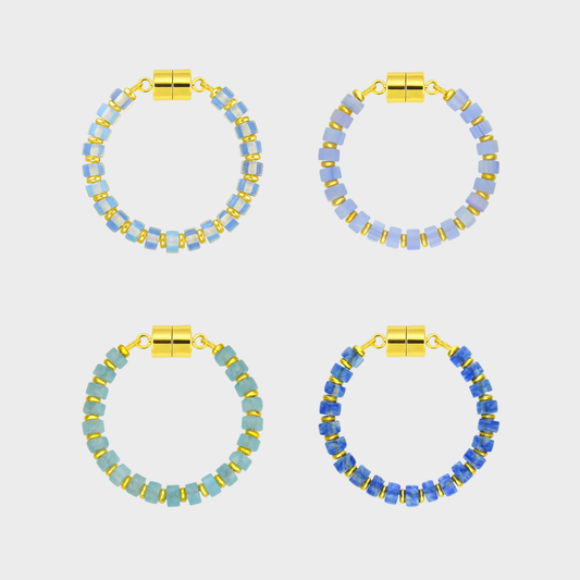 Snow Day set of 4 magnetic wine charms in Opal, Blue Lace Agate, Aquamarine and Sapphire with gold hardware