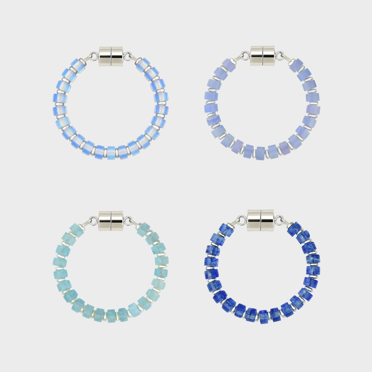 Snow Day set of 4 magnetic wine charms in Opal, Blue Lace Agate, Aquamarine and Sapphire with silver hardware