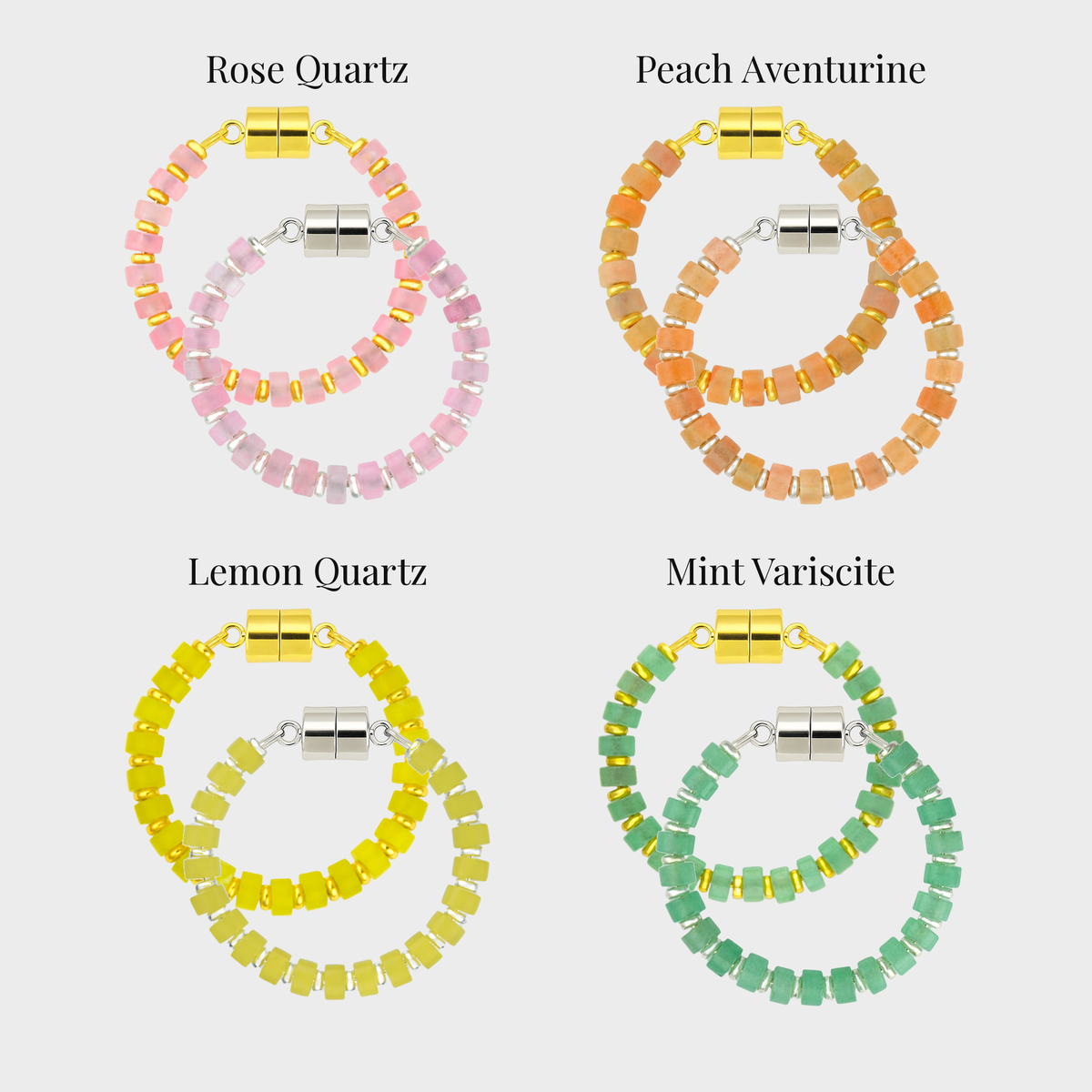 Sorbet set of 4 magnetic wine charms in gold and silver showing each color name: Rose Quartz, Peach Aventurine, Lemon Quartz and Mint Variscite